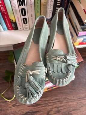 Frye Sage Green Suede Fringe Moccasin Loafers